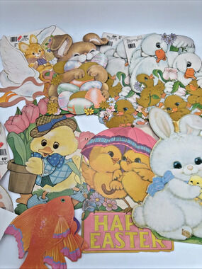 Vintage Set Of 8 Easter Bunnies & Chicks Die Cut Cardboard Cutouts Flocked